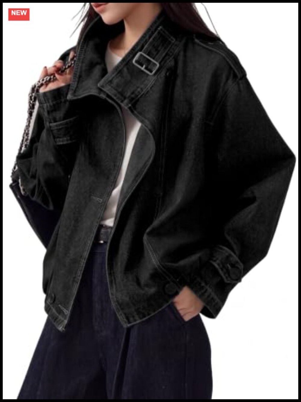 Oversized Denim Jacket Funnel Neck Button Up Casual Coat